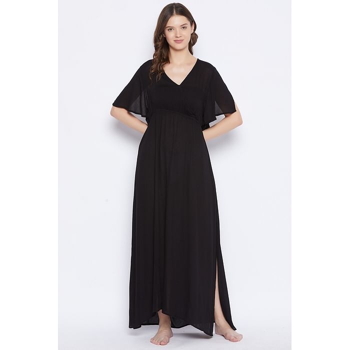 

Clovia Chic Basic Long Night Dress in Black with Slits - Viscose - NS1428P13