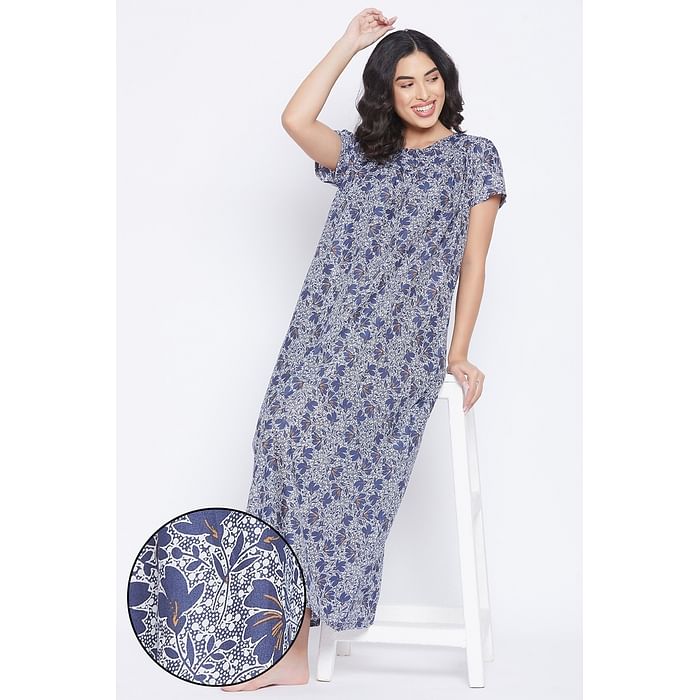 

Clovia Pretty Florals Long Night Dress in Navy - Rayon - NS1445P08