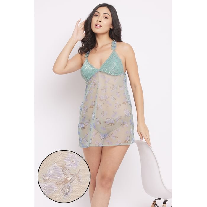 

Clovia Sheer Floral Print Bridal Babydoll in Mint Green - Lace & Georgette - NS1447P17, Dark green