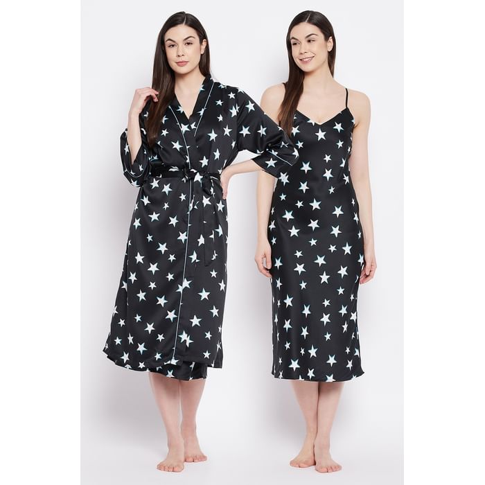 

Clovia Star Print Mid-Length Nighty & Robe Set in Black - Satin - NS1449P13