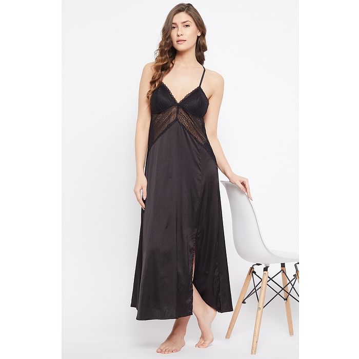 

Clovia Chic Basic Long Nighty with Side Slit in Black - Satin & Lace - NS1451P13