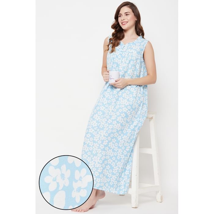 

Clovia Pretty Florals Long Nighty in Light Blue - Rayon - NS1459D03