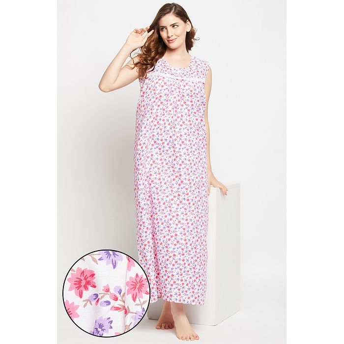 

Clovia Pretty Florals Long Nighty in White - 100% Cotton - NS1459P18