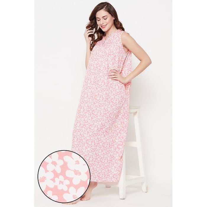 

Clovia Pretty Florals Long Nighty in Baby Pink - Rayon - NS1459P22, Light pink