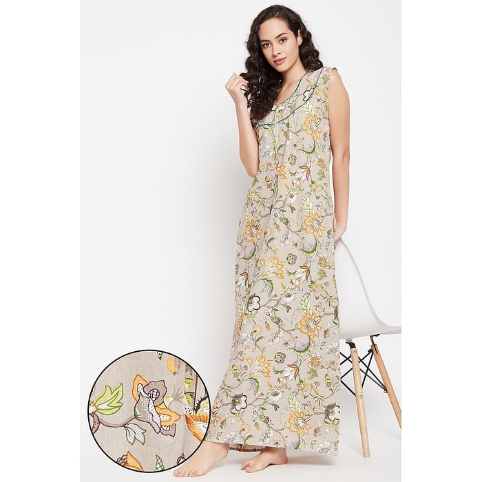 

Clovia Pretty Florals Long Nighty in Beige - Cotton - NS1459P24, Nude-colour