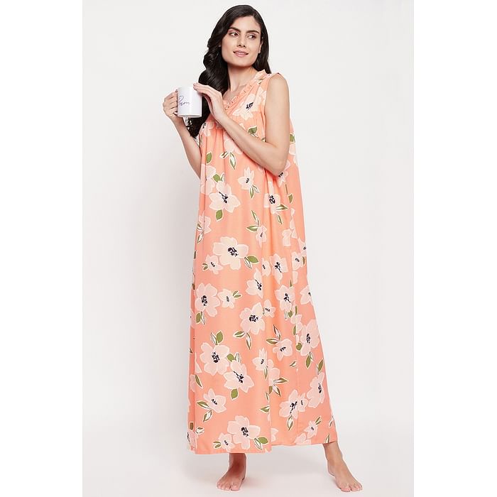 

Clovia Pretty Florals Long Nighty in Peach Colour - Rayon - NS1459P34