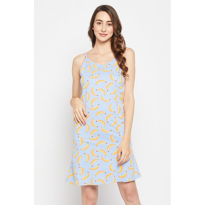 

Clovia Banana Print Short Night Dress in Baby Blue - 100% Cotton - NS1484P03, Light blue