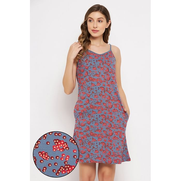 

Clovia Print Me Pretty Short Night Dress in Yale Blue - 100% Cotton - NS1484P08, Navy
