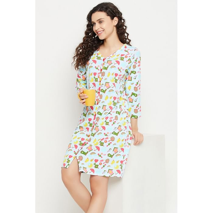 

Clovia Print Me Pretty Button Down Short Night Dress in Sky Blue - 100% Cotton - NS1487P03, Light blue