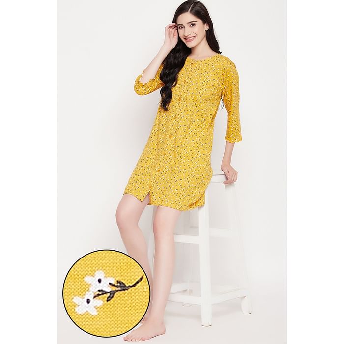 

Clovia Pretty Florals Button Down Short Night Dress in Mustard Yellow - 100% Cotton - NS1487R07