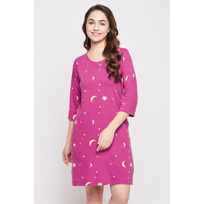 

Clovia Star & Moon Print Short Night Dress in Violet - 100% Cotton - NS1489A15, Purple