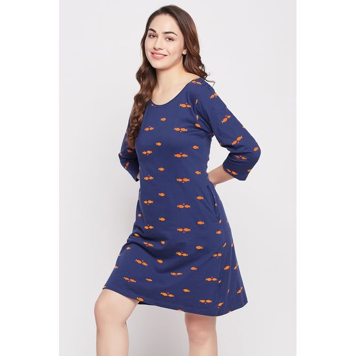

Clovia Fish Print Short Night Dress in Navy - 100% Cotton - NS1489D08