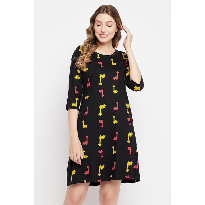 

Clovia Dinosaur Print Short Night Dress in Black - 100% Cotton - NS1489D13