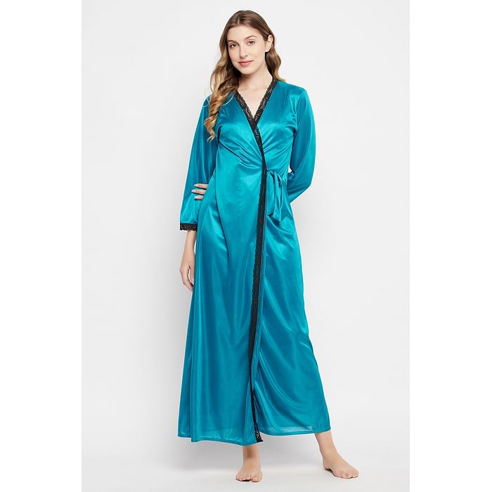 

Clovia Chic Basic Robe in Teal Blue - Satin - NS1495P36