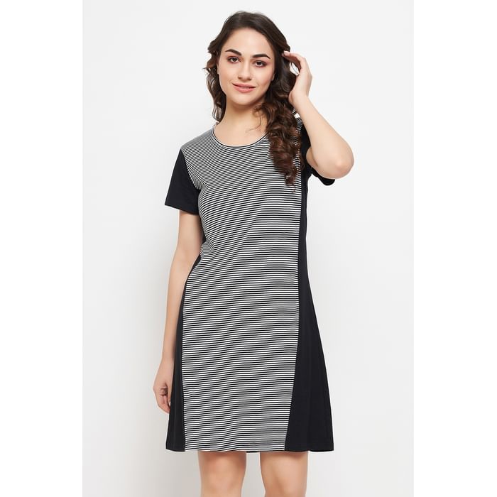 

Clovia Sassy Stripes Short Night Dress in Black - 100% Cotton - NS1502P13
