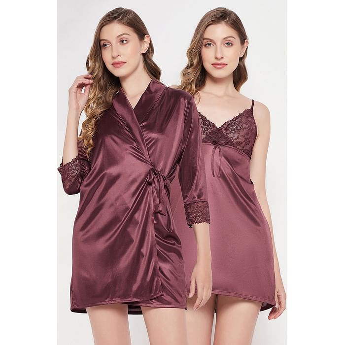 

Clovia Chic Basic Babydoll & Robe Set in Brown - Satin - NS5200P06