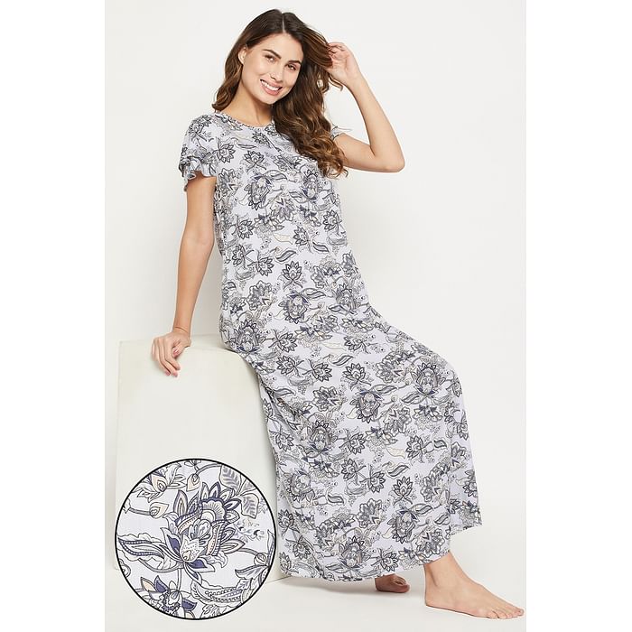 

Clovia Paisley Print Long Night Dress in Baby Blue - Rayon - NS5202P03