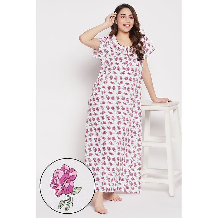 

Clovia Pretty Florals Long Night Dress in White - 100% Cotton - NS5203D18
