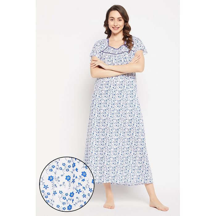 

Clovia Pretty Florals Long Night Dress in White - 100% Cotton - NS5203F18