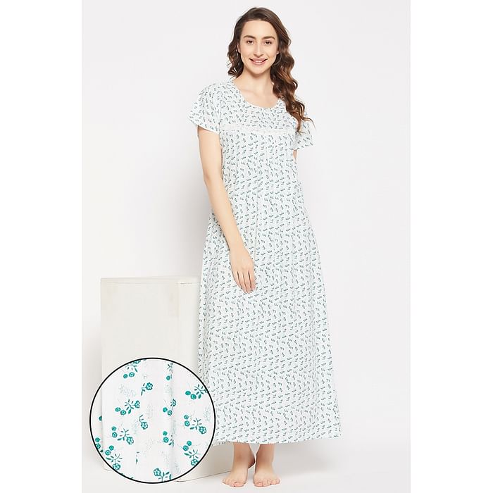 

Clovia Pretty Florals Long Night Dress in White - 100% Cotton - NS5203H18