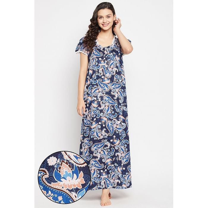 

Clovia Paisley Print Long Night Dress in Navy Blue - Rayon - NS5203P08