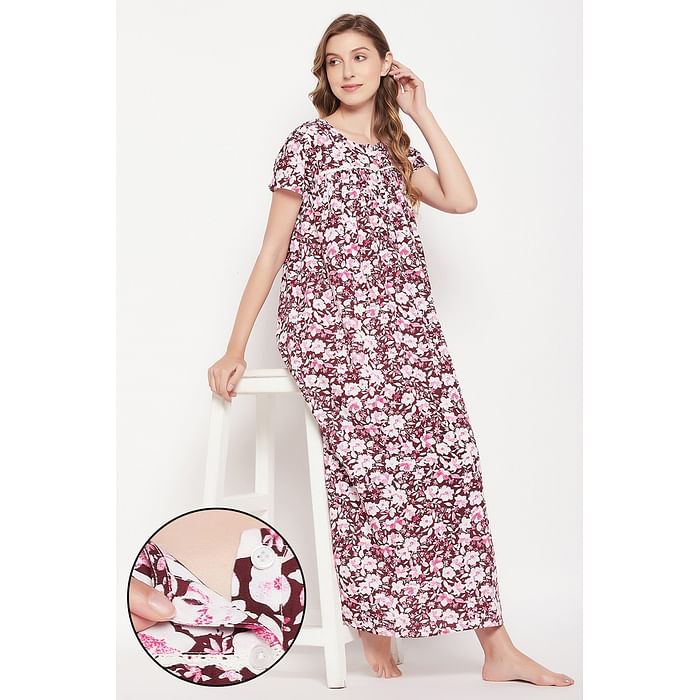 

Clovia Pretty Floral Long Nighty in Purple - Rayon - NS5203P15