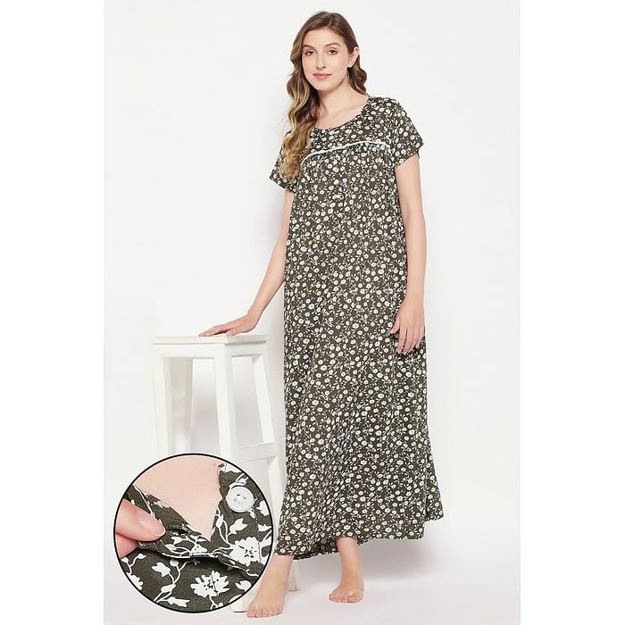 

Clovia Pretty Floral Long Nighty in Olive Green - Rayon - NS5203P17