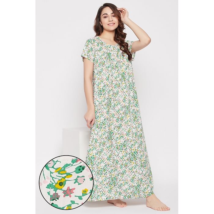 

Clovia Pretty Florals Long Night Dress in White - Rayon - NS5203P18