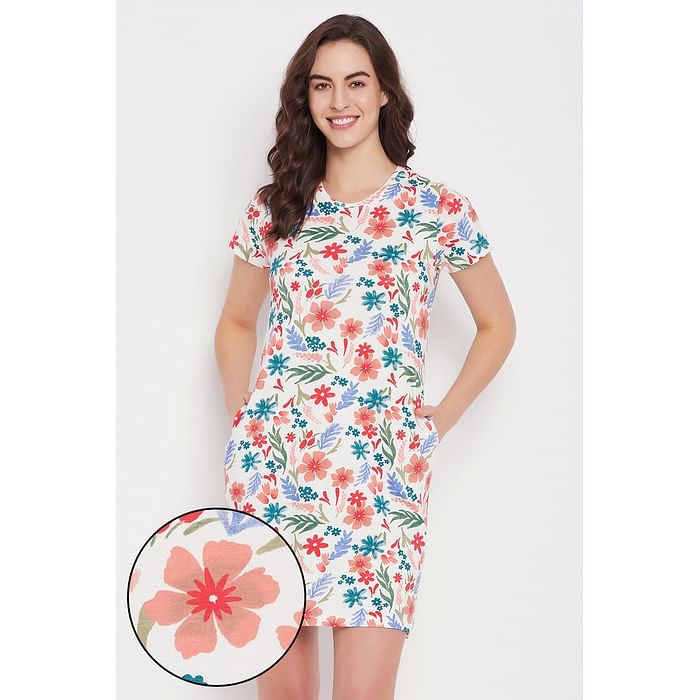 

Clovia Pretty Florals Short Night Dress in White - 100% Cotton - NS5206D18