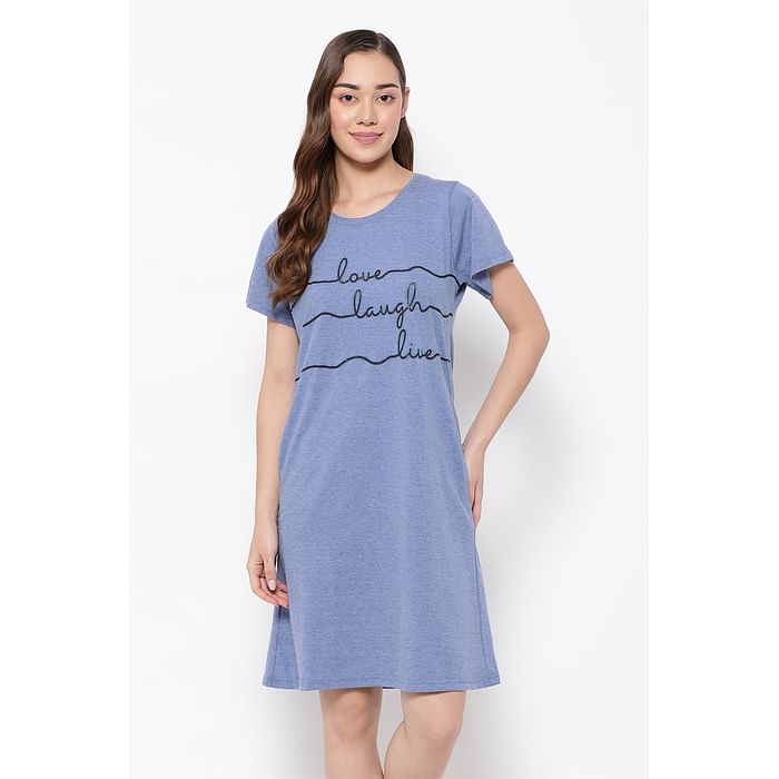 

Clovia Text Print Short Night Dress in Cornflower Blue - 100% Cotton - NS5209P08