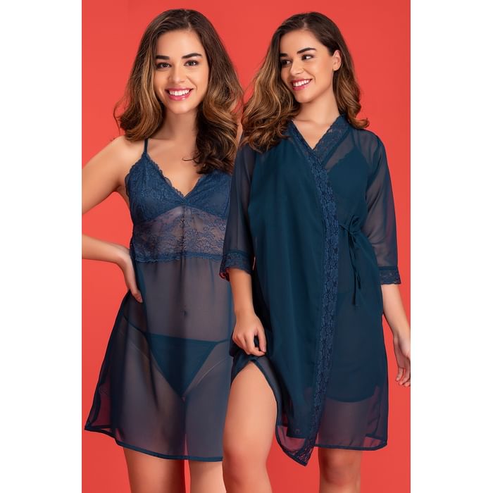 

Clovia Babydoll with Robe & Matching Thong in Navy Blue - Lace - NSC273P08