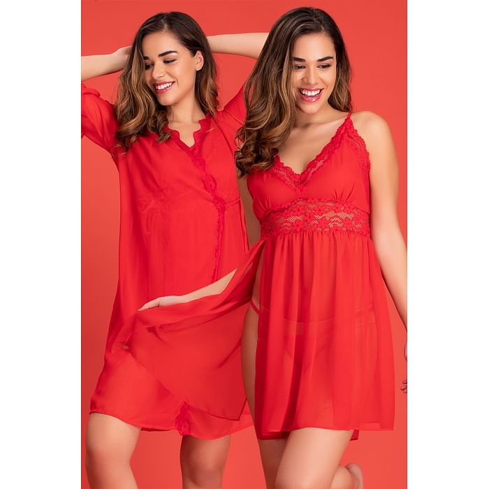 

Clovia Babydoll with Robe & Matching Thong in Red - Lace - NSC291P04