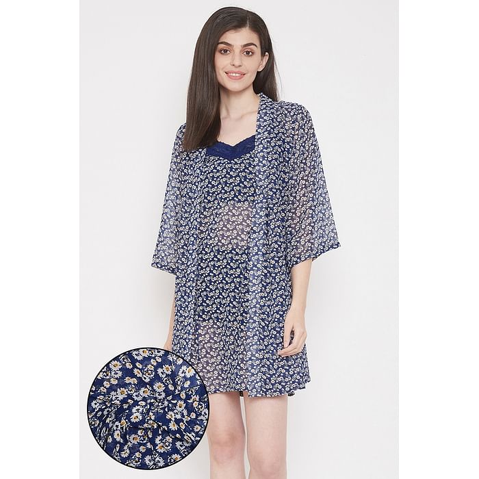 

Clovia Sheer Babydoll & Printed Robe in Navy - Georgette - NSC329D08