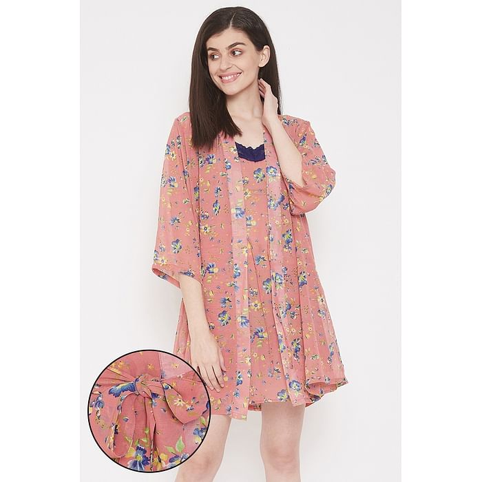 

Clovia Pretty Florals Babydoll & Robe in Pink - Georgette - NSC329P34, Teal