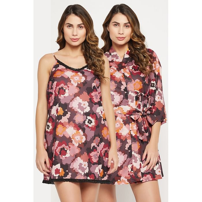 

Clovia Pretty Florals Night Dress & Robe Set in Multicolour - Crepe - NSC350P19