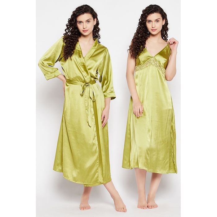 

Clovia Chic Basic Night Dress & Robe Set in Lime Green - NSC462R17, Dark green