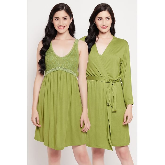 

Clovia Chic Basic Short Night Dress & Robe Set in Green - Cotton - NSC475P17, Dark green