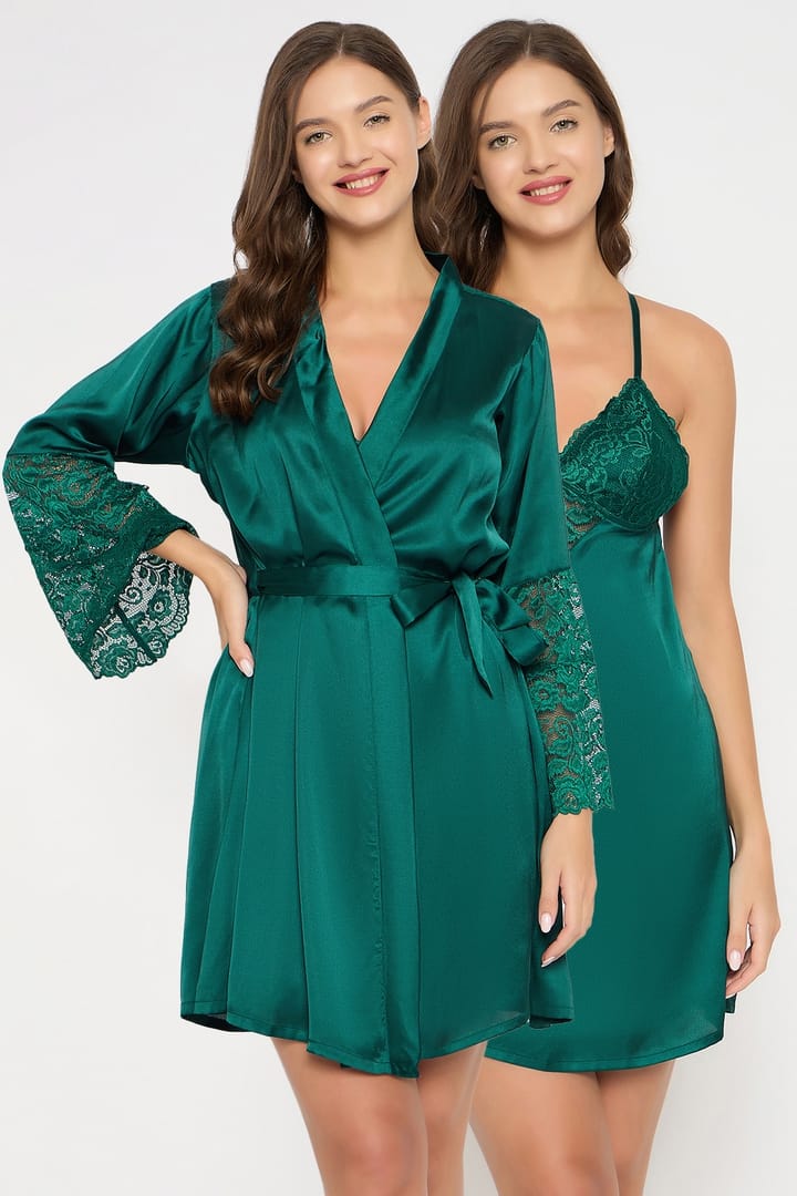 Buy Chic Basic Padded Babydoll & Robe Set in Emerald Green- Satin Online -  Clovia