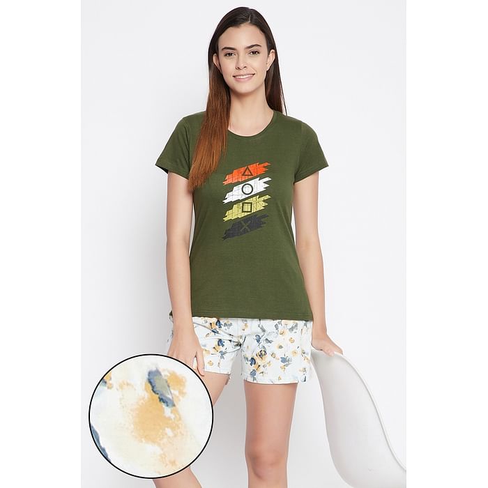 

Clovia Olive Green Text Print Sleep T-shirt & Mint Green Printed Shorts - Cotton - LSC132A17, Dark green