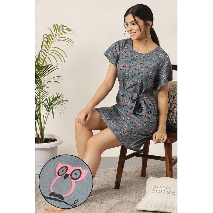 

Clovia Owl Print Short Night Dress in Grey - Cotton Rich - NS1335P05, Dark grey