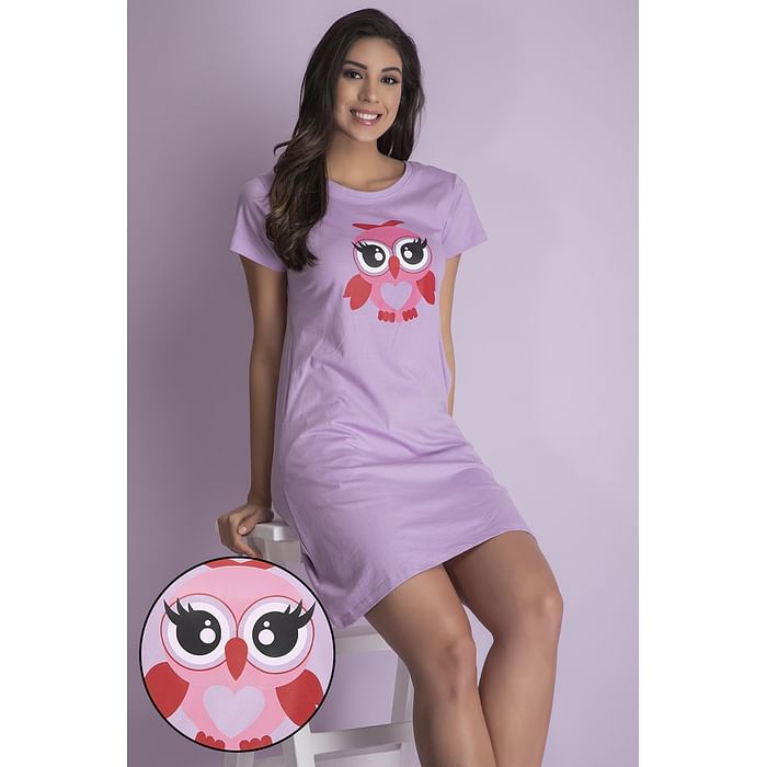 

Clovia Owl Print Short Night Dress in Lilac - 100% Cotton - NS1209P12, Lavender