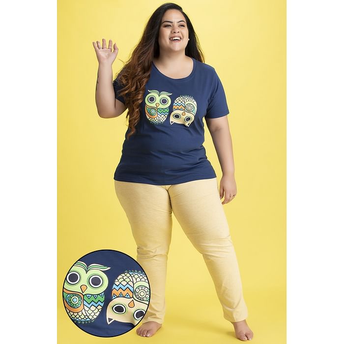 

Clovia Owl Print Top & Pyjama in Navy & Beige - 100% Cotton - LS0413G08