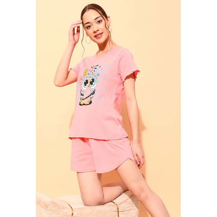 

Clovia Owl Print Top & Shorts Set in Peach Pink - Cotton Rich - LS0410F22, Light pink