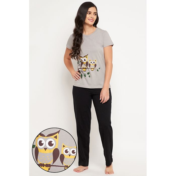 

Clovia Owl Print Top & Solid Shorts in Grey & Black - 100% Cotton - LS0522P01, Light grey