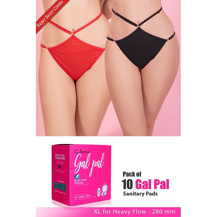 Clovia Set of 2 Panties & Pack of 10 Gal Pal Pads – XL – PNC307920