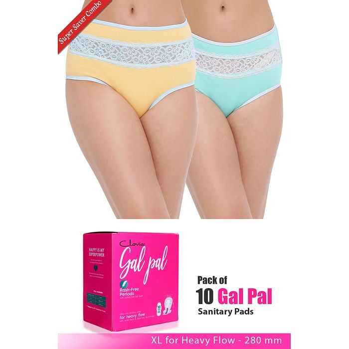 

Clovia Set of 2 Panties & Pack of 10 Gal Pal Pads - XL - PNC328920, Assorted