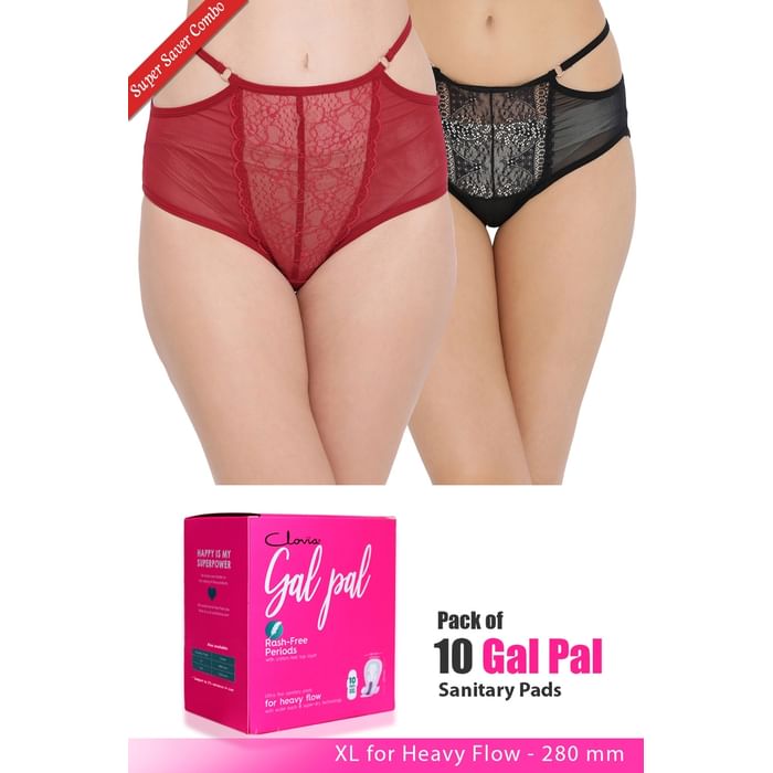 

Clovia Set of 2 Panties & Pack of 10 Gal Pal Pads - XL - PNC307720, Assorted