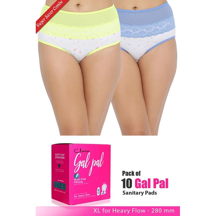 

Clovia Set of 2 Panties & Pack of 10 Gal Pal Pads - XL - PNC341820, Assorted
