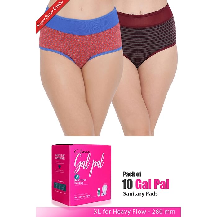 

Clovia Set of 2 Panties & Pack of 10 Gal Pal Pads - XL - PNC333220, Assorted