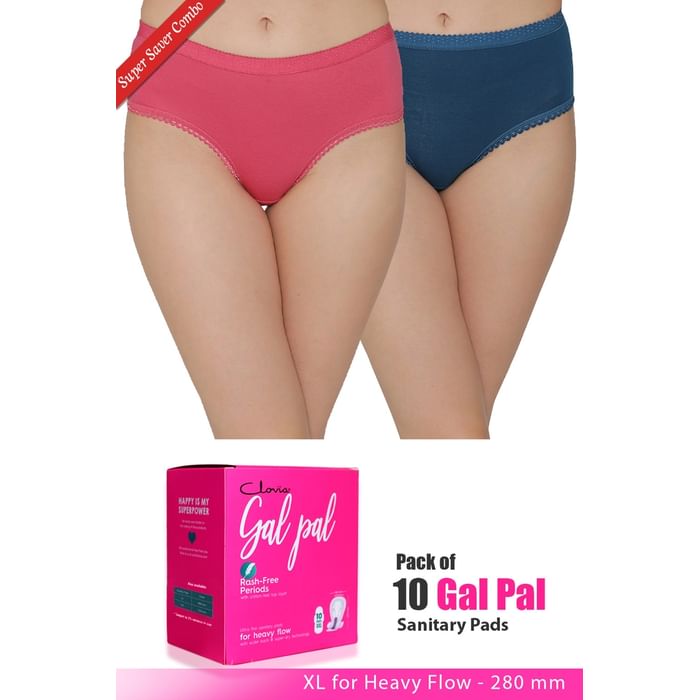 

Clovia Set of 2 Panties & Pack of 10 Gal Pal Pads - XL - PNC332320, Assorted